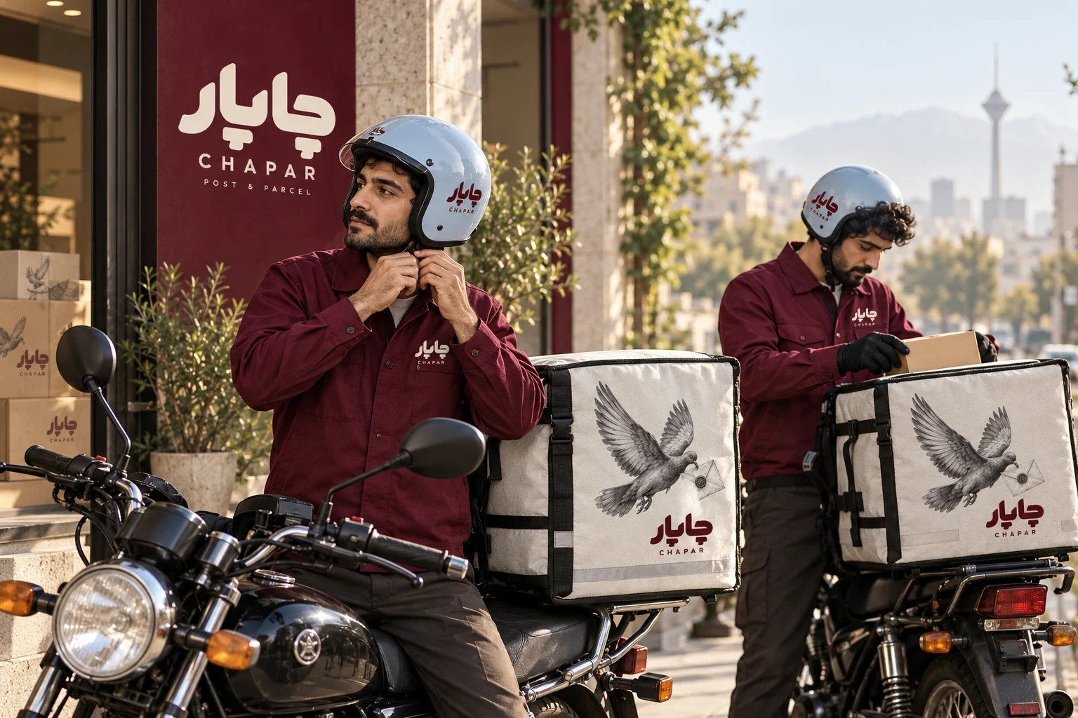 Courier-uniform concept with burgundy clothing, blue helmets and illustrated delivery bags.