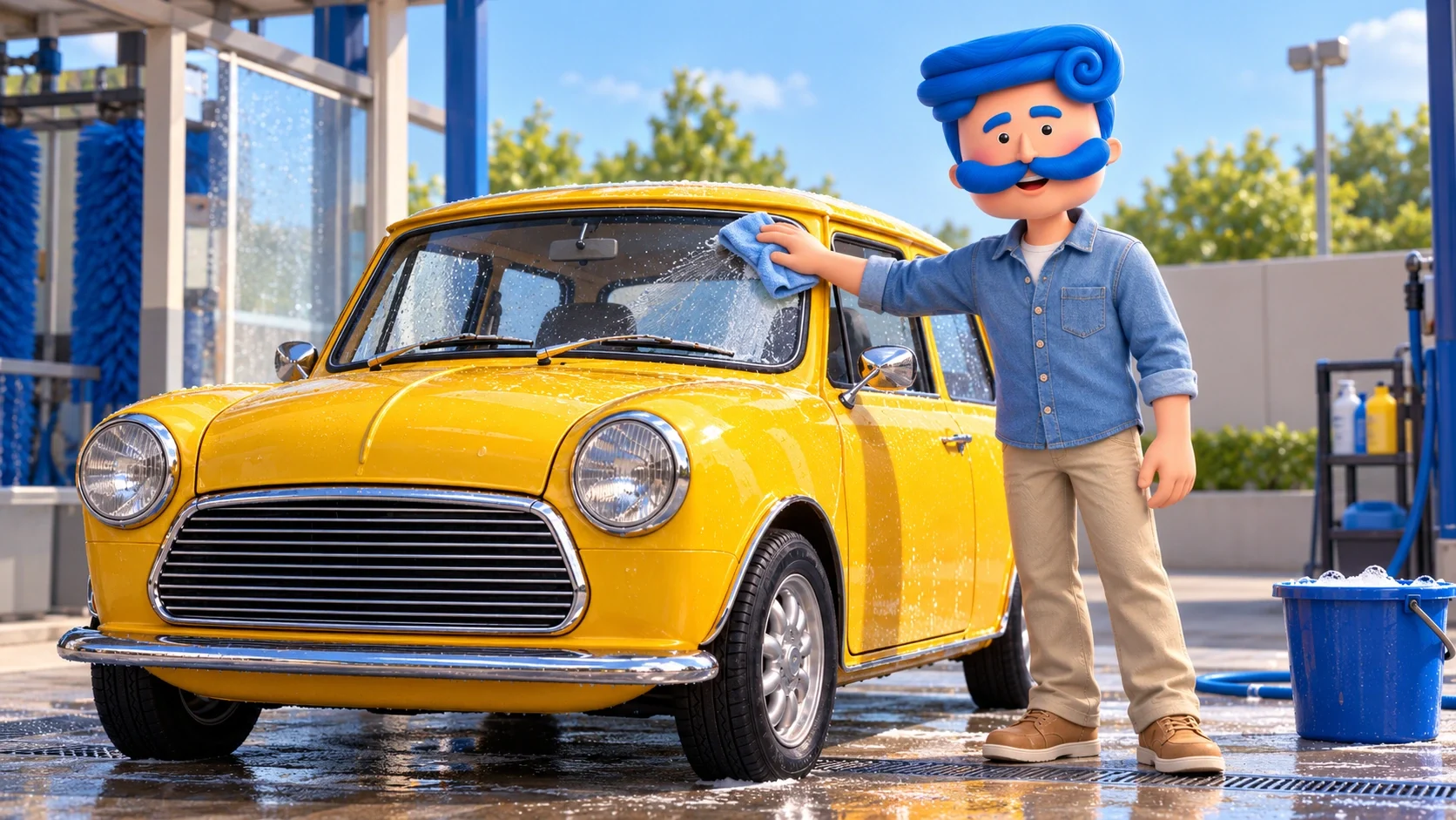Azki mascot wiping a yellow car at a car wash beside a blue bucket.