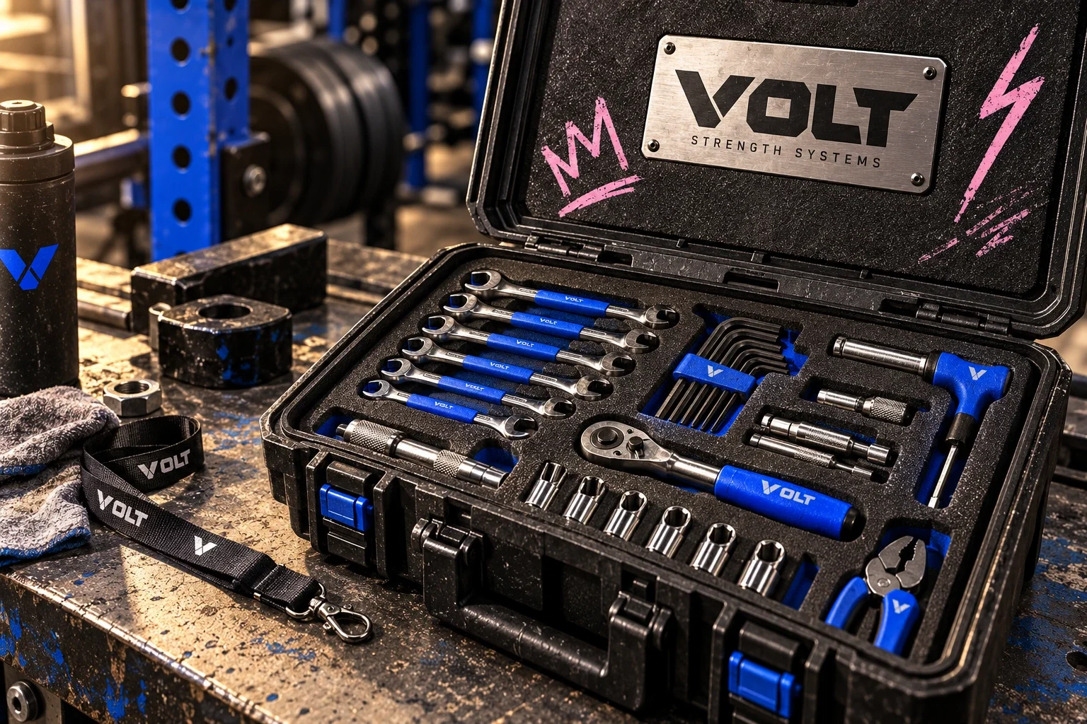 Branded tool case with blue and black components
