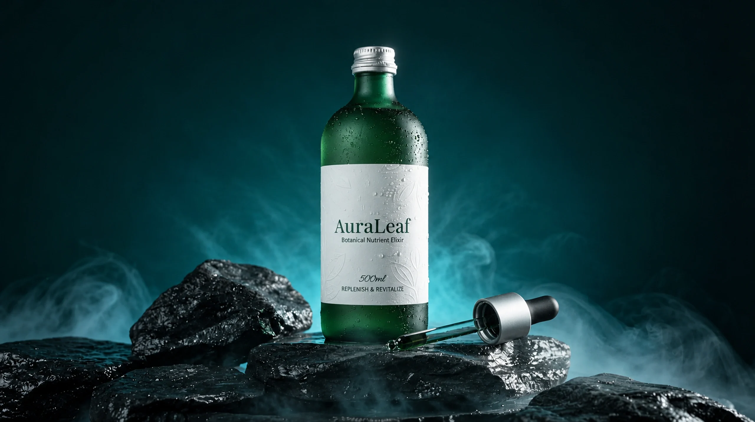 AuraLeaf green bottle with a silver closure and a second cap beside it on wet stone