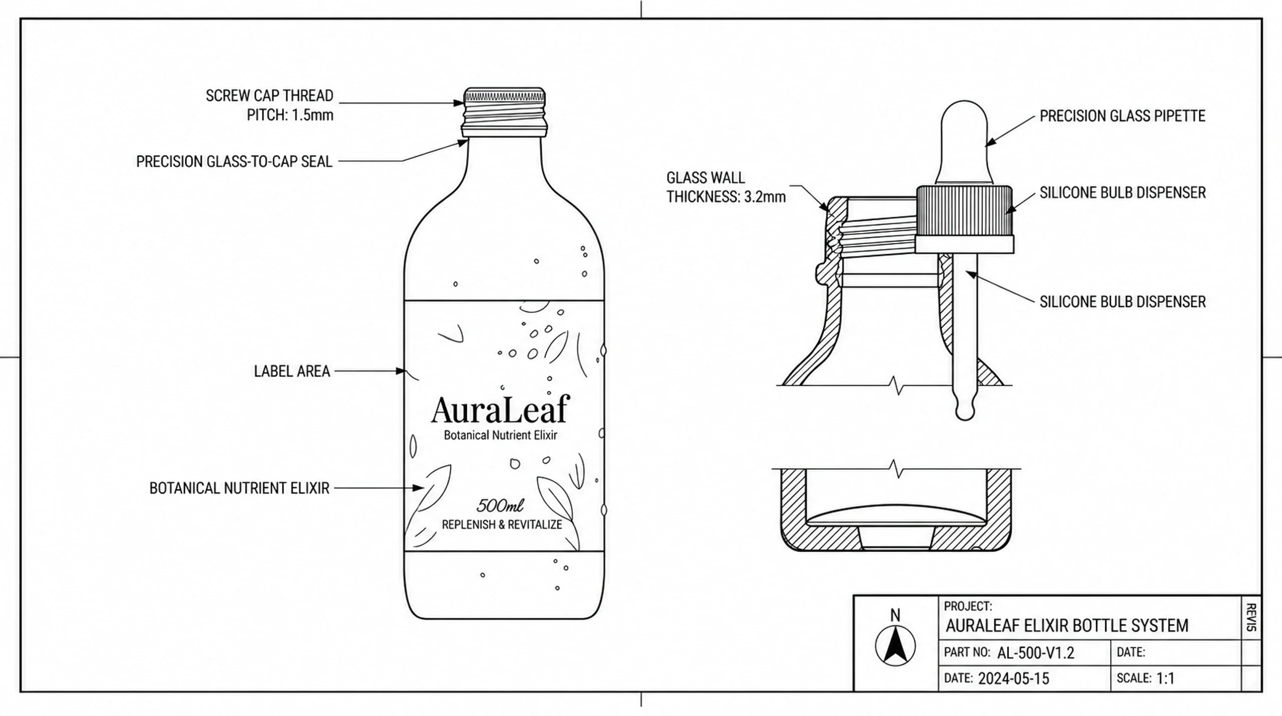 AuraLeaf bottle and dropper blueprint-style presentation drawing