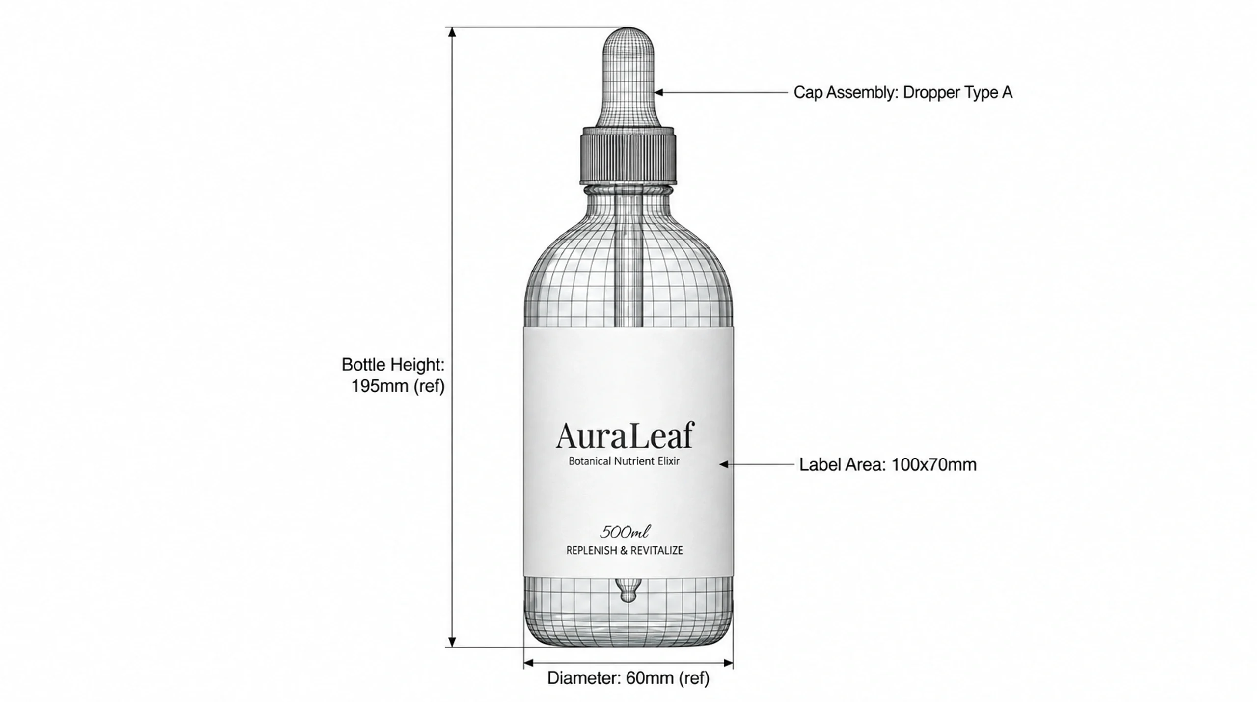 AuraLeaf bottle construction study shown as a labelled technical render