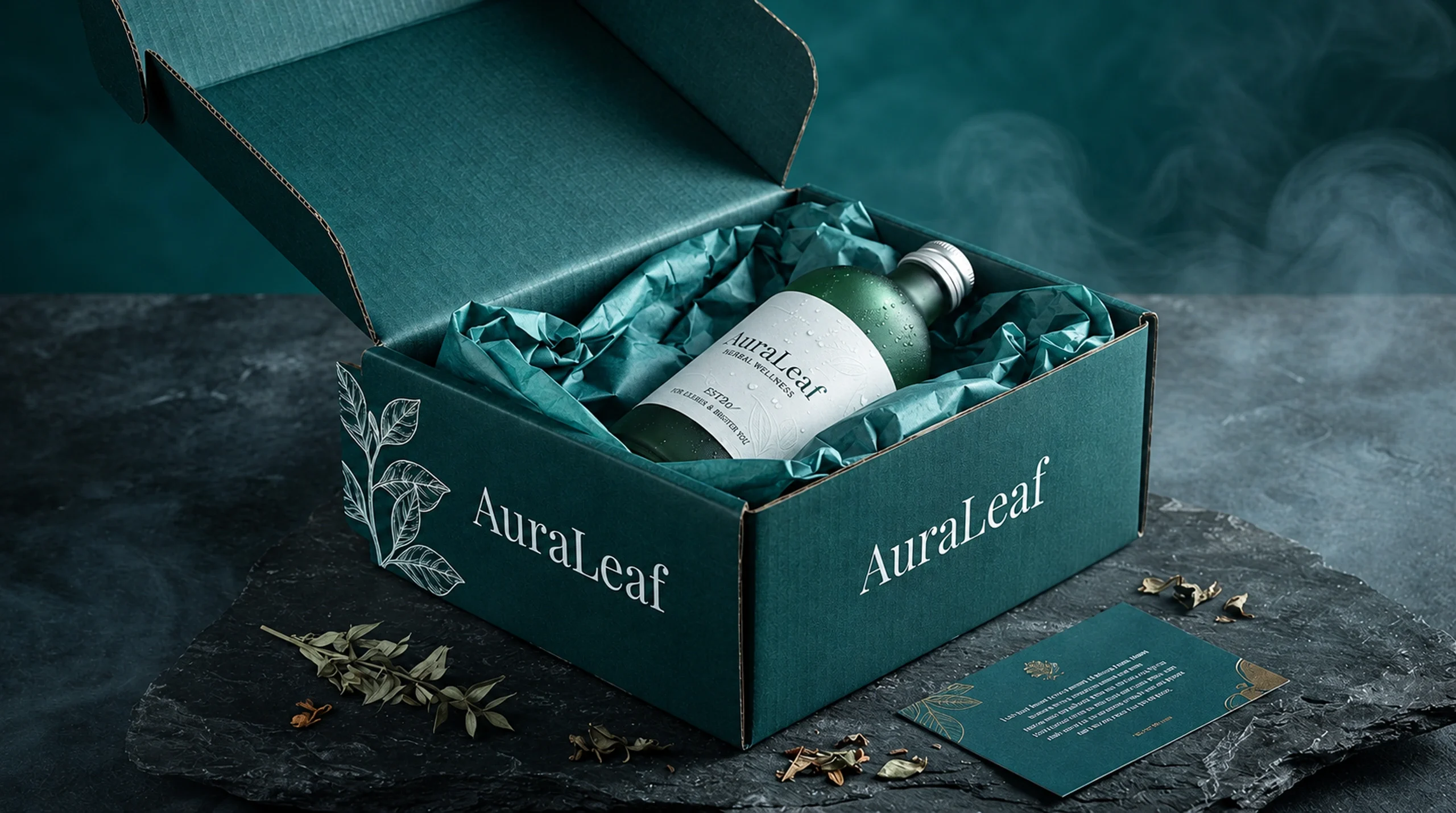 Open AuraLeaf teal packaging box containing a bottle and printed materials
