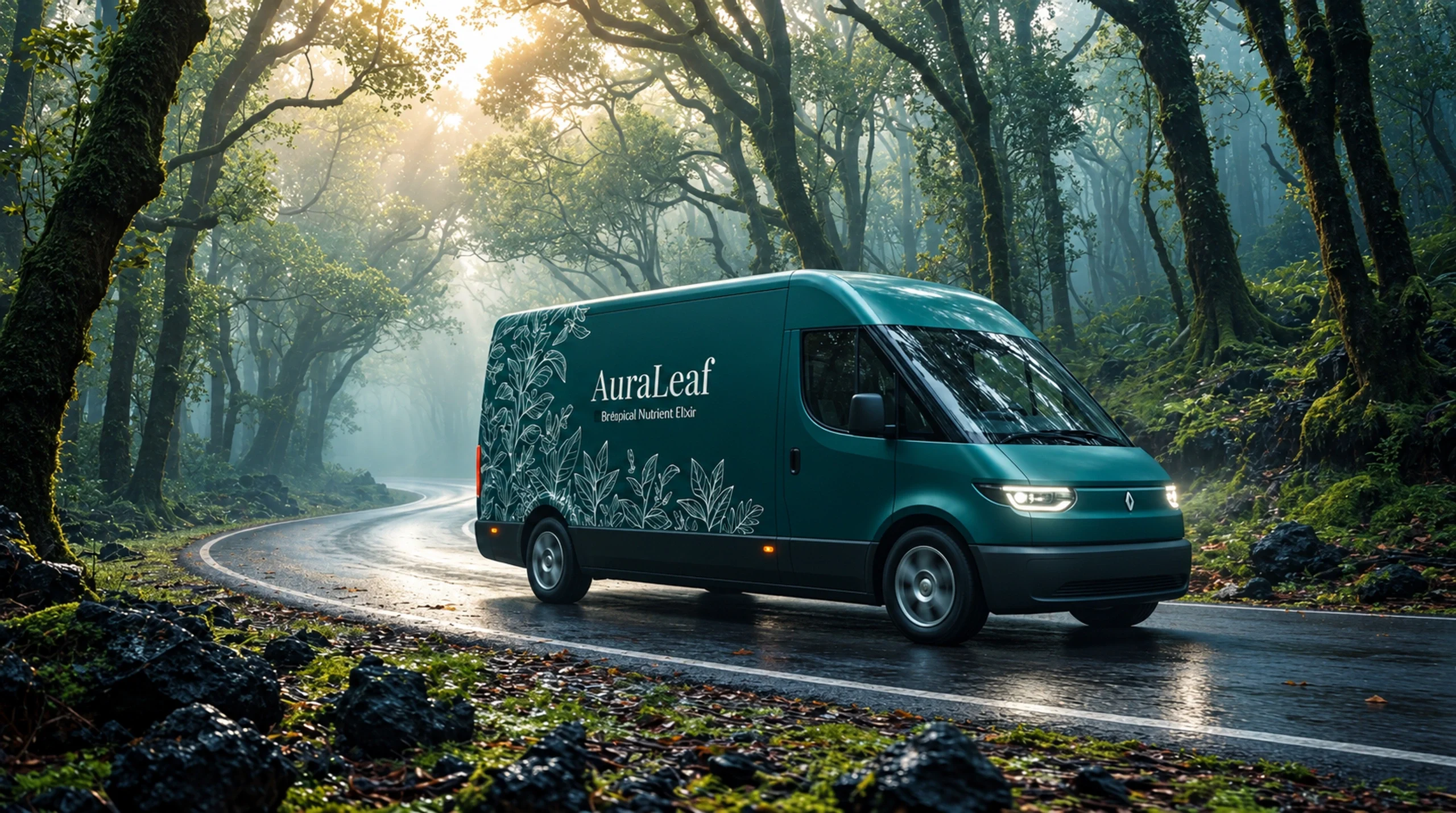 AuraLeaf branded delivery-van mockup on a wooded road