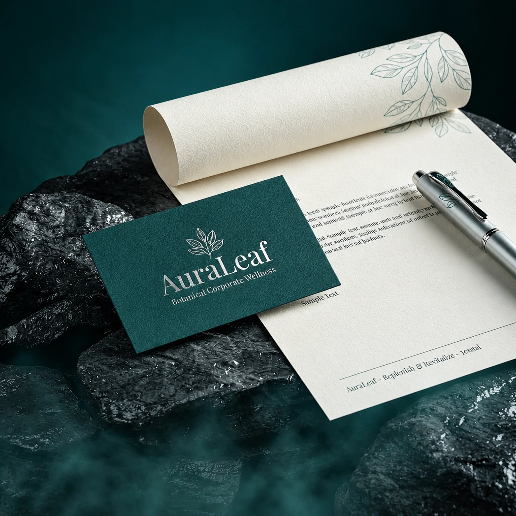 AuraLeaf business card, letterhead and notebook with a restrained teal identity