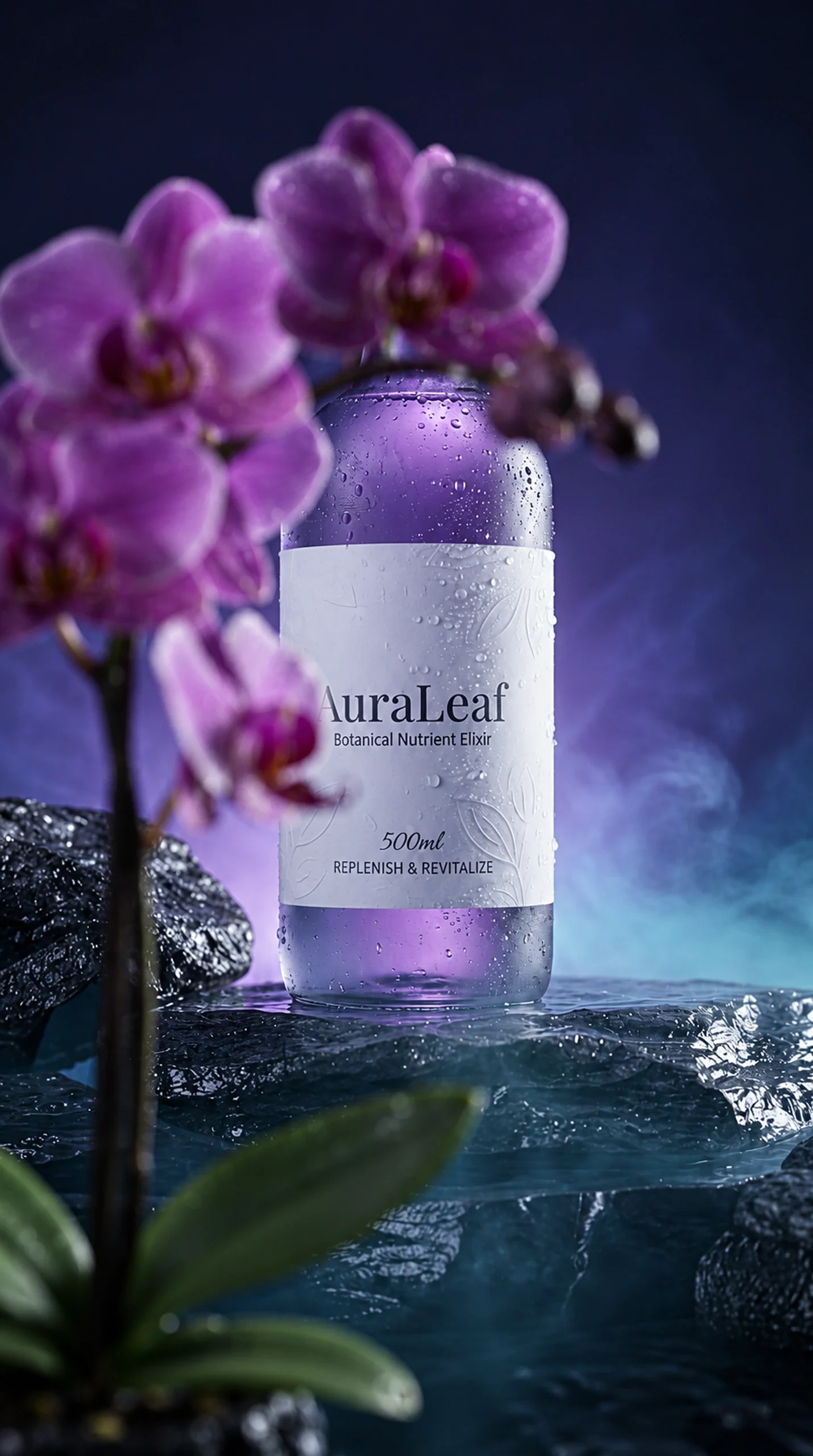 AuraLeaf violet bottle beside purple flowers